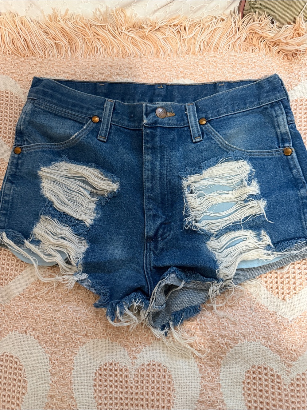 Vintage Wrangler Blue Distressed High-Rise Cutoff Jean Shorts
